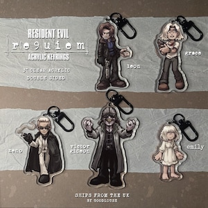 Puede incluir: Llaveros acr&iacute;licos transparentes con personajes de Resident Evil: Requiem. Cada llavero de doble cara mide 7.6 cm e incluye personajes como Leon, Grace, Victor Gideon, Zeno y Emily. Los llaveros tienen cierres met&aacute;licos negros.