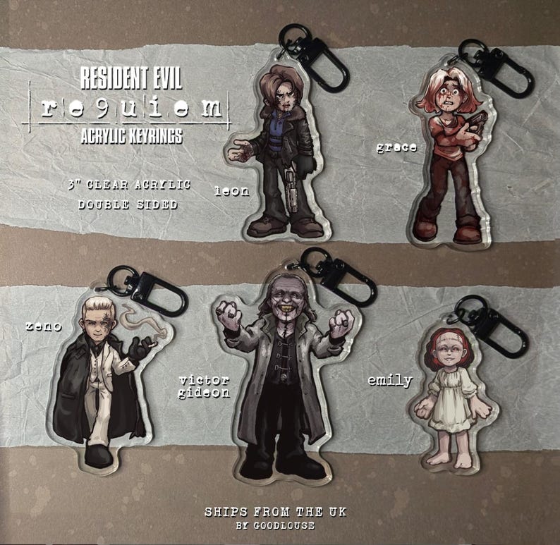 Puede incluir: Llaveros acr&iacute;licos de doble cara con personajes de Resident Evil: Requiem. Cada llavero mide 7.6 cm e incluye personajes como Leon, Grace, Zeno, Victor Gideon y Emily. Los llaveros tienen cierres met&aacute;licos negros.