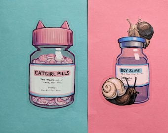 Catgirl Pills and Boy Slime Transparent Stickers || Transgender HRT Inspired Decals