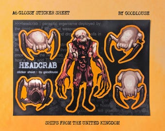 Hoja de pegatinas de Half-Life de Headcrab // Científico de Half-Life 1 y arma combinada, extraterrestres de Black Mesa/Ciudad 17