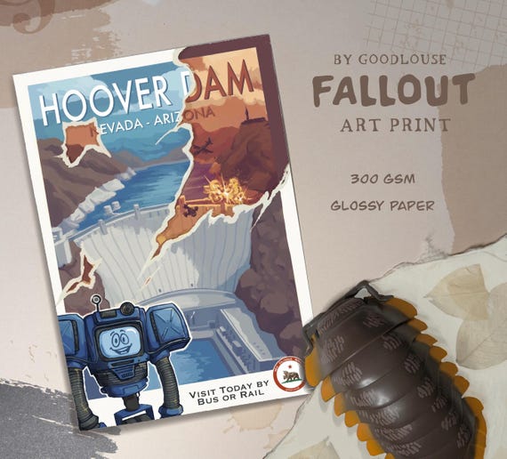 Fallout New Vegas Hoover Dam A4 Art Print || Yes-Man, New California Republic || Post-Apocalypse Nevada & Arizona Tourism Poster