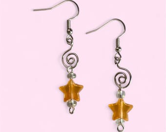 Orange Star Dangle Earrings | Handmade Spiral Wire Earrings | Boho Festival Jewelry | Star Charm Earrings | Celestial Gift for Her