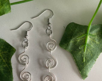 Silver Spiral Dangle Earrings | Handmade Whimsical Boho Jewelry | Statement Wire Earrings | Gift for Her | Lightweight Long Earrings