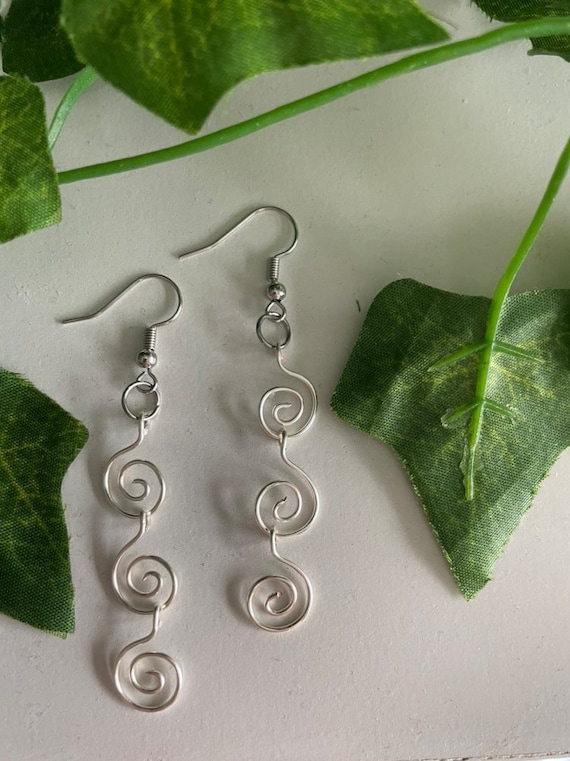 Silver Spiral Dangle Earrings | Handmade Whimsical Boho Jewelry | Statement Wire Earrings | Gift for Her | Lightweight Long Earrings