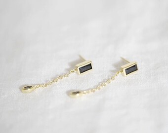 Sarah gold plated earrings, gold dangling earrings, black zircon crystal, trendy chic women's gift, rectangle chip chain jewelry