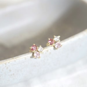 Peut inclure: Une paire de boucles d'oreilles en or avec des pierres précieuses roses et blanches. Les boucles d'oreilles sont petites et délicates, et elles sont parfaites pour tous les jours.