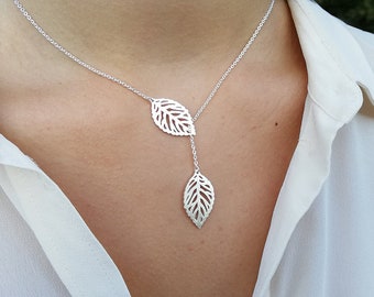 Vergoldete oder versilberte Doppelblatt-Lasso-Halskette, Boho-Chic-Naturschmuck, moderner minimalistischer Blattanhänger für Frauen, Geschenkidee