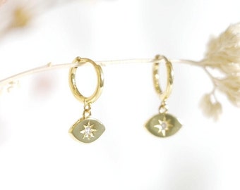 Mina earrings gold plated eye of Turkey golden ethnic Greek dangling earrings, lucky gift, zircon stone women's jewelry