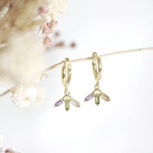 Romy gold-plated mini hoop earrings with golden fan dangling earrings, women's gift, trendy multi-colored zircon stone jewelry image 1