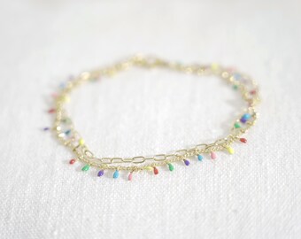 Gold multicolor charm bracelet, layered gold bracelet, boho chic jewelry, double chain bracelet, trendy gold gift for women