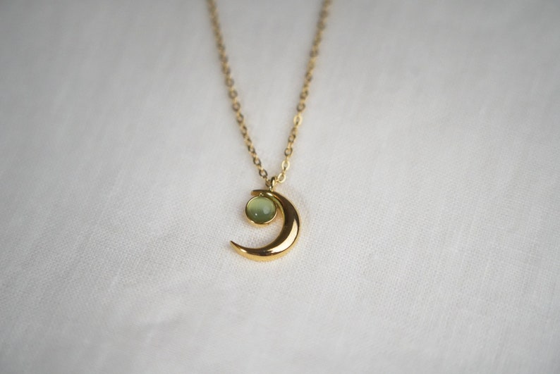 Gold-plated Moon necklace with jade green stone or blue stone, minimalist golden star pendant, elegant women's gift, original jewelry image 4