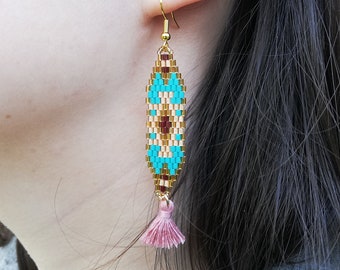 PROMO - Dangling earrings blue pink gold miyuki seed beads tassels ethnic costume jewelry woman boho trend