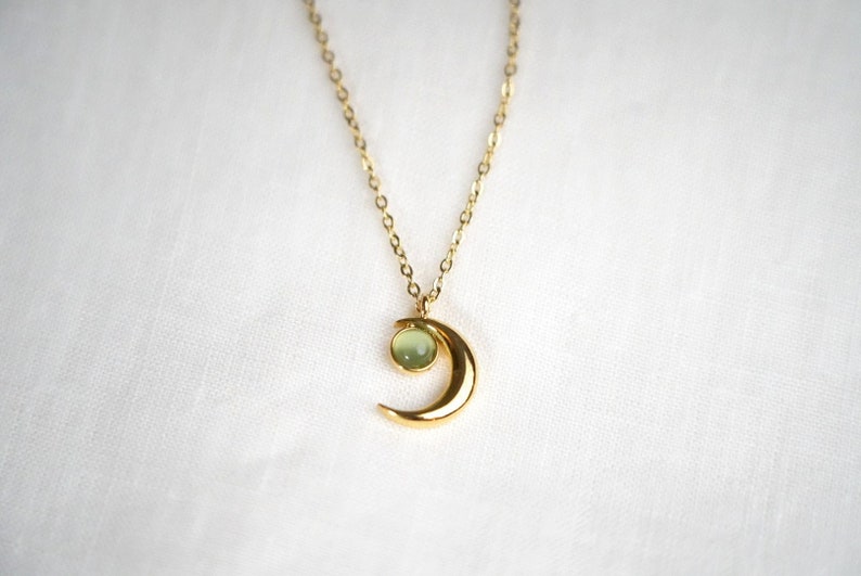 Gold-plated Moon necklace with jade green stone or blue stone, minimalist golden star pendant, elegant women's gift, original jewelry image 1