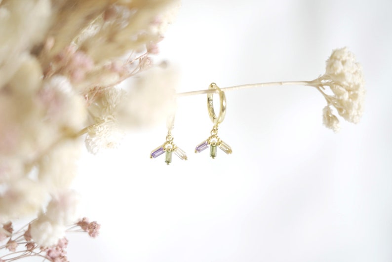 Romy gold-plated mini hoop earrings with golden fan dangling earrings, women's gift, trendy multi-colored zircon stone jewelry image 5