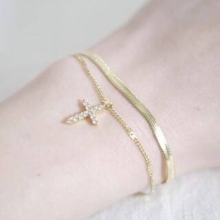 Bracciale A Croce Moodear In Argento 925 Placcato Oro 14k – Con Zirconi, Catena Serpente Regolabile, Regalo Donna