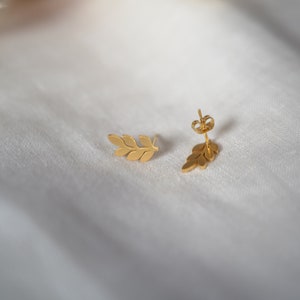 May include: A pair of gold leaf earrings. The earrings are small and delicate, and they have a simple, elegant design.