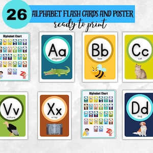Tarjetas flash del alfabeto de descarga digital, póster, decoración del aula, recurso de aprendizaje para niños pequeños y preescolares, tarjetas flash de Abc imprimibles