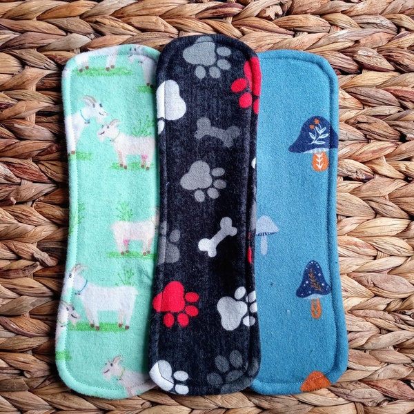 9" LINERS Set of 3, Nine Inch Reusable Wingless Pantyliners, Cloth Pads,  Panty Liner Set, Pad Boosters, Inserts, Mystery Prints