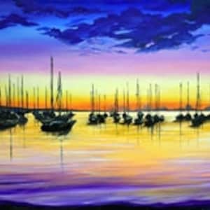 May include: A painting of a colorful sunset over a calm body of water with many sailboats anchored in the water. The sky is a mix of purple, pink, orange, and yellow. The water reflects the colors of the sky.