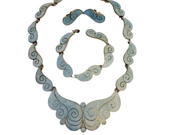 Ensemble de boucles d'oreilles avec collier et bracelet en argent sterling avec pierres concassées VTG Mexican Taxco