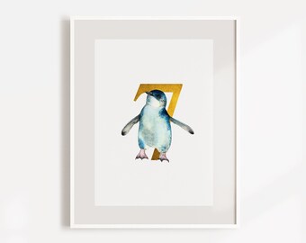 Fairy Penguin Australian Number Cards, Milestone Cards, Baby Milestone Cards, A5 Cards, Printable, Digital Print, Watercolour, Gold, 7 Seven