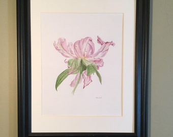 May include: A framed watercolor painting of a pink peony flower with green leaves. The flower is in full bloom and the petals are curled and delicate.