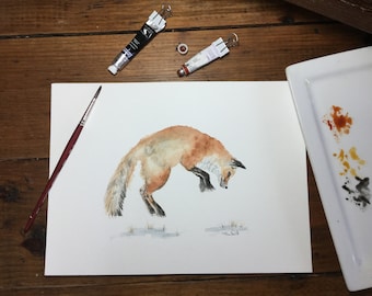Watercolor pouncing fox
