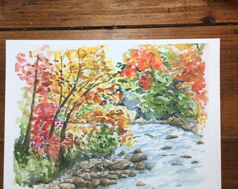 Watercolor Fall Landscape Stream