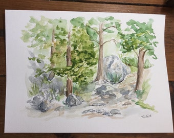 Watercolor wooded path