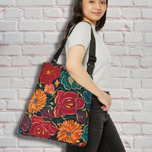 Mexican Floral Adjustable Tote Bag, Spanish Bolsa Mexicans, Vintage style floral embroidery bag, Unique tote multi-use