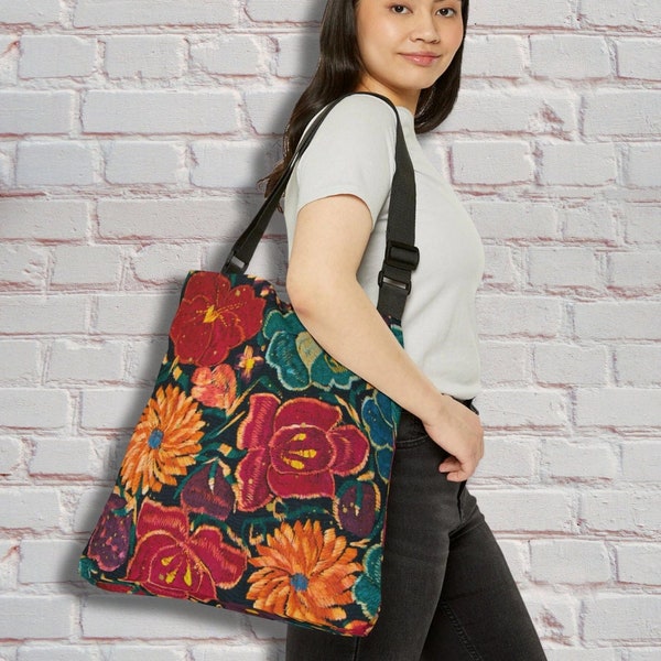 Mexican Floral Adjustable Tote Bag, Spanish Bolsa Mexicans, Vintage style floral embroidery bag, Unique tote multi-use