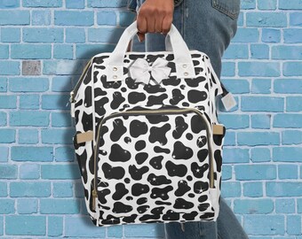 Kuh Druck Multifunktionaler Windel Rucksack mit weißer Schleife, Babyshower Geschenk, Western/Kuh Thema Babyshower