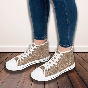 Brown/Cafe Talavera Women&#39;s High Top Sneakers, Mexican style tile design shoes,
