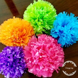 Pu&ograve; includere: Sei pompon di carta velina dai colori vivaci: arancione, verde, blu, rosa, viola e giallo. I pompon sono disposti in un motivo circolare, ognuno con un bordo sfrangiato. Il testo "Fringe tip" &egrave; visibile in basso a destra.