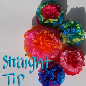 Pu&ograve; includere: Una collezione di fiori di carta velina colorati nei toni del rosa, arancione, rosso, blu, verde e giallo. Il testo "Straight Tip" &egrave; scritto in blu in corsivo.