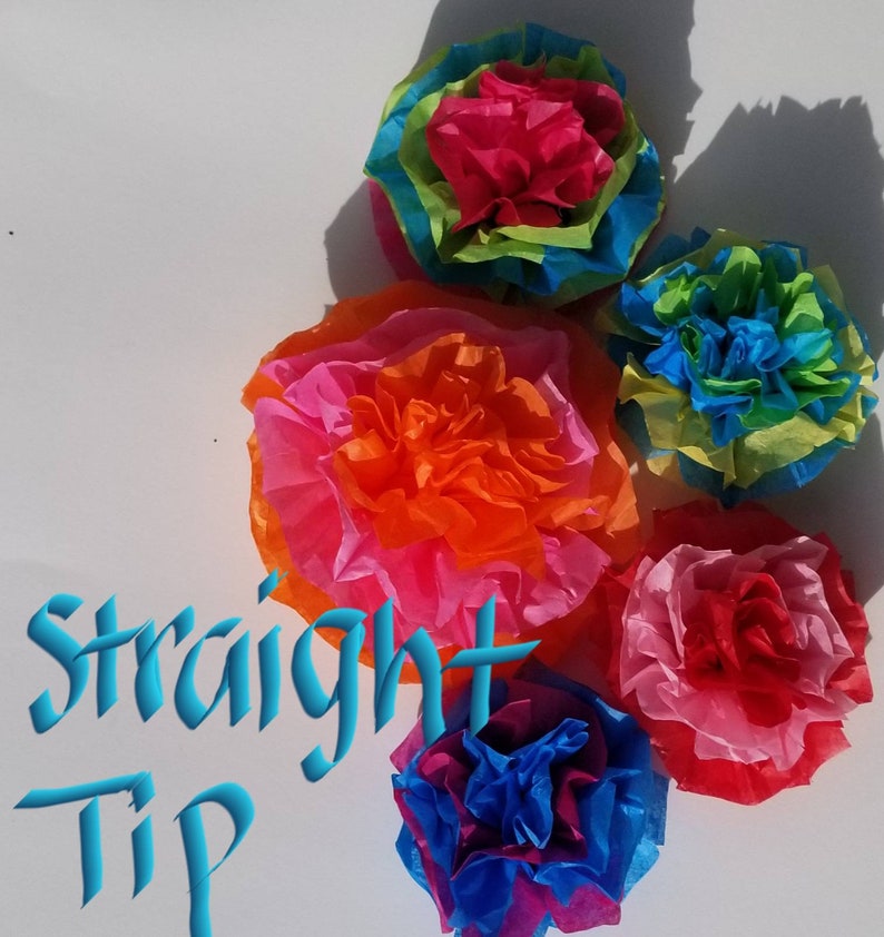 Pu&ograve; includere: Una collezione di fiori di carta velina colorati nei toni del rosa, arancione, rosso, blu, verde e giallo. Il testo "Straight Tip" &egrave; scritto in blu in corsivo.