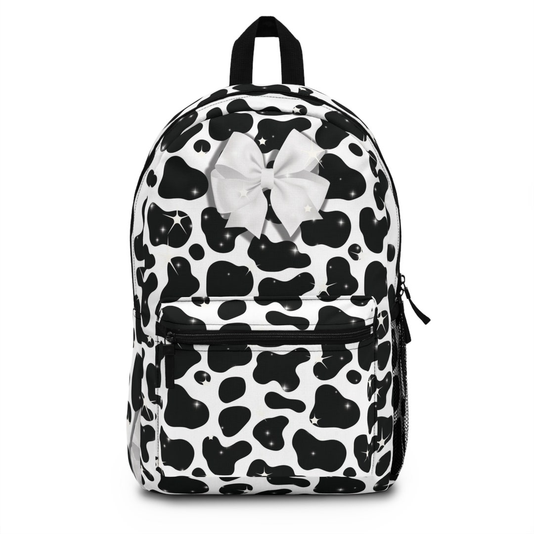 Cow Print Backpack W/white Bow Moo Backpack Vaca Print - Etsy
