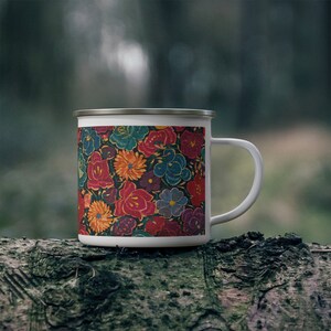 Mexican Floral Enamel Camping Mug, Vintage Embroidery cup, Copa Estillo Mexicana, Spanish vibrant mug,