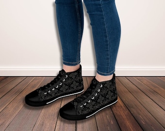 Schwarze Talavera Damen High Top Sneakers, mexikanisch inspirierte Damenschuhe, einzigartige Talavera-Druckschuhe, Latina-Schuhe, zurück zu Schulschuhen