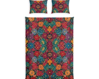Juego de cama de algodón con estampado floral colorido tipo caleidoscopio / Funda nórdica y fundas de almohada