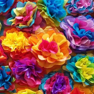 May include: A vibrant assortment of colorful tissue paper flowers in shades of red, orange, yellow, pink, purple, blue, and green. The flowers are layered and ruffled, creating a textured and dimensional effect. The image is a close-up, showcasing the intricate details of each flower.