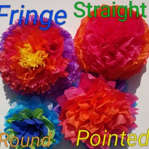 May include: Four colorful tissue paper flowers in shades of red, orange, yellow, blue, and purple. The flowers are labeled "Fringe Straight Round Pointed". The flowers have different shapes and textures.