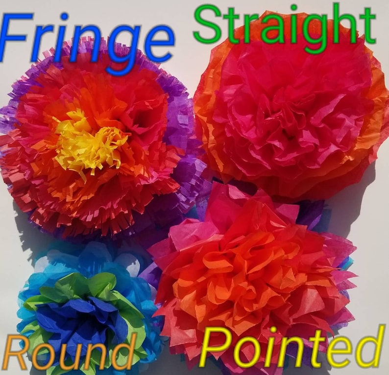 May include: Four colorful tissue paper flowers in shades of red, orange, yellow, blue, and purple. The flowers are labeled "Fringe Straight Round Pointed". The flowers have different shapes and textures.