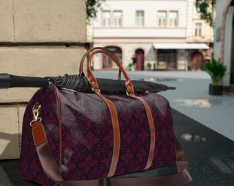 Damask Pattern Waterproof Travel Bag | Burgundy Weekender Duffle