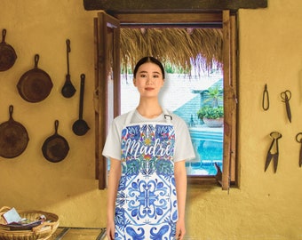 Madre Apron , Mexican kitchen Apron , Spanish style apron, Talavera print apron, mother apron , Mexican Kitchen Gift.