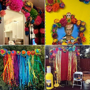 May include: A collage of colorful party decorations, including paper flower garlands and streamers. One image features a Frida Kahlo portrait framed with flowers. Other images show decorations for a festive celebration, with vibrant colors and textures.