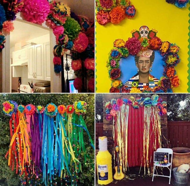 May include: A collage of colorful party decorations, including paper flower garlands and streamers. One image features a Frida Kahlo portrait framed with flowers. Other images show decorations for a festive celebration, with vibrant colors and textures.