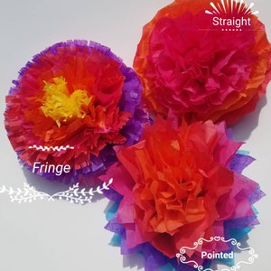 May include: Three colorful tissue paper flowers in shades of red, orange, yellow, purple, and blue. The flowers have different edge styles: fringe, straight, and pointed. These decorative flowers are perfect for party decorations.