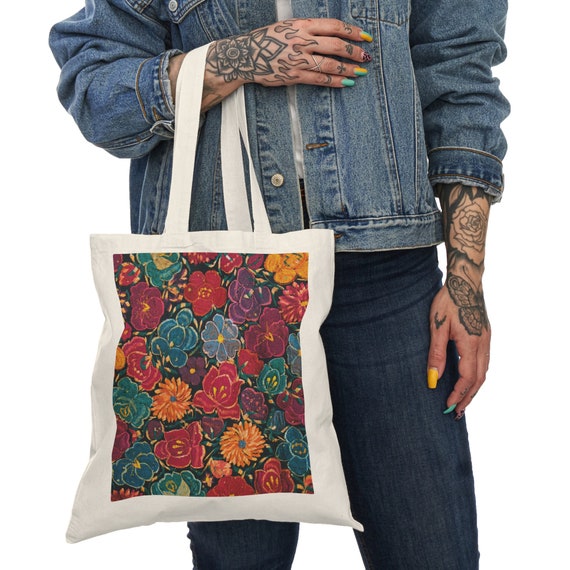 メキシコの花柄ナチュラルトートバッグ、スペインの花の刺繍デザイン 