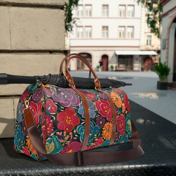 メキシコ刺繍花柄防水トラベルバッグ、花柄バケーションバッグ、機内 